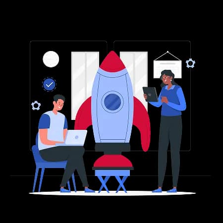 two people launching a rocketship with laptops and phone