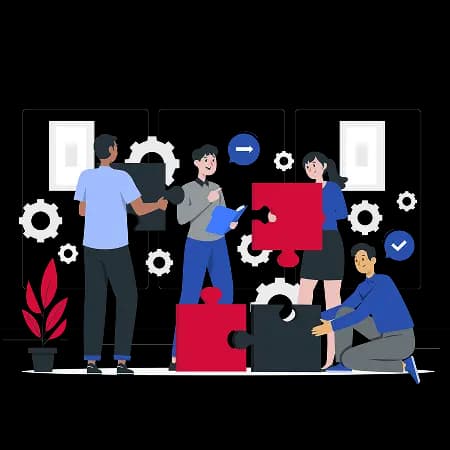 four people assembling puzzle pieces together